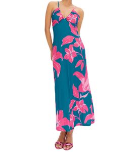 Schulterfreies Damen Sommer-Kleid mit Blumen-Print modernes Maxi-Tr&auml;gerkleid mit anpassbaren V-Ausschnitt 957125 Blau/Pink