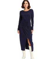 Damen Midi-Kleid Sommer-Kleid in Wickeloptik Freizeit-Kleid Langarm-Dress 952182 Dunkelblau