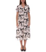 Floral Women's Summer Dress, Sustainable Midi Dress Made from Recycled Material, Knee-Length Lightweight Chiffon Dress with Button Placket 963798 White/Pink/Black
