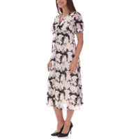 Floral Women's Summer Dress, Sustainable Midi Dress Made from Recycled Material, Knee-Length Lightweight Chiffon Dress with Button Placket 963798 White/Pink/Black