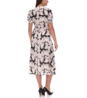 Floral Women's Summer Dress, Sustainable Midi Dress Made from Recycled Material, Knee-Length Lightweight Chiffon Dress with Button Placket 963798 White/Pink/Black