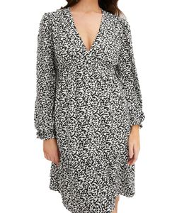 Sustainable Women's Mini Dress, Abstract Printed Summer Dress with V-Neck, Long Sleeve Dress 910177 Black/Light Beige