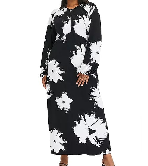 nachhaltiges Damen Maxi-Kleid Sommer-Kleid mit Blumen-Print Freizeit-Kleid 955101 Schwarz/Weiß