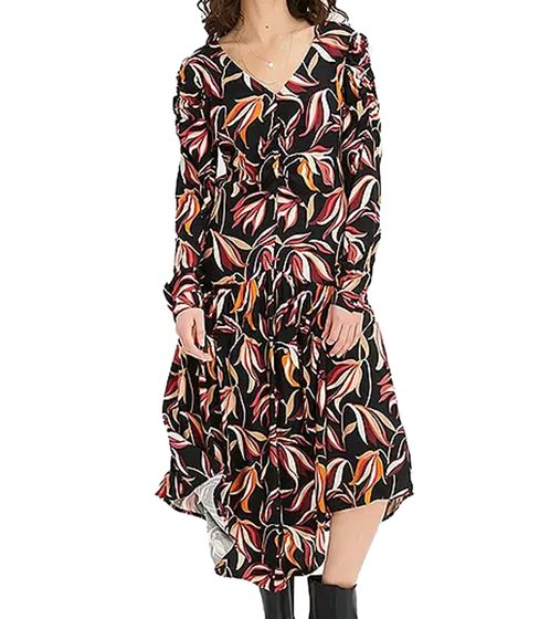 Vestido midi de mujer con estampado floral de verano y escote en V y manga larga 908383 Negro/Multicolor