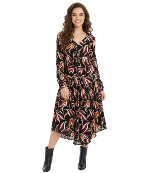 Robe midi fleurie d'été pour femme avec col en V et manches longues 908383 Noir/Multicolore