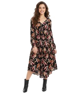 Robe midi fleurie d'été pour femme avec col en V et manches longues 908383 Noir/Multicolore