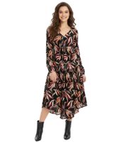 Robe midi fleurie d'été pour femme avec col en V et manches longues 908383 Noir/Multicolore