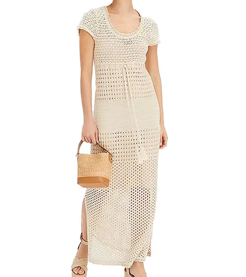 Women's Crochet Dress, Long Maxi Dress with Slit, Short-Sleeved Beach Dress 957091 Beige