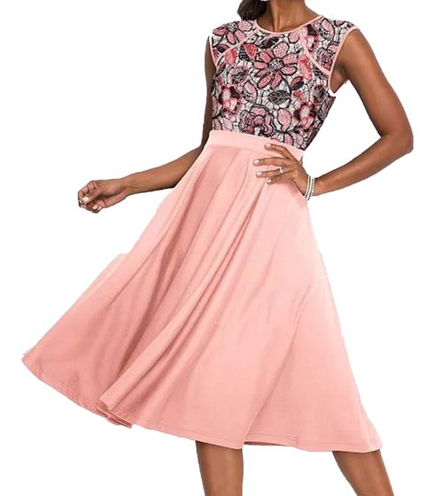 Romantic women's summer dress, midi dress with Punto di Roma skirt and lace, 939539 Pink