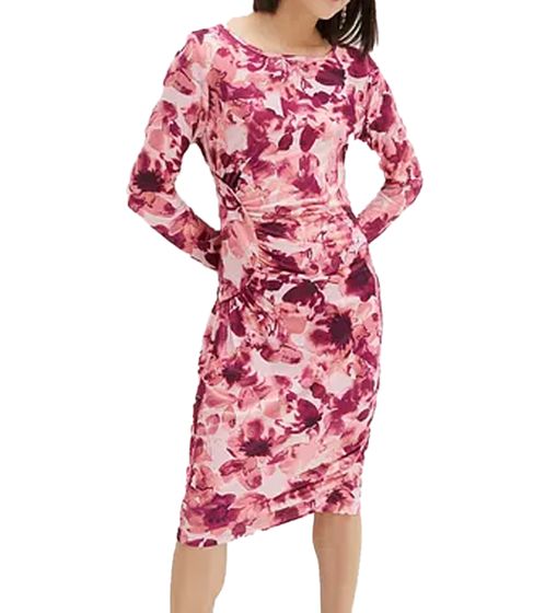 Fitted Women's Midi Dress, Summer Dress with Floral Print and Side Gathers, 928586 Pink