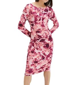 enganliegendes Damen Midi-Kleid Sommer-Kleid mit Blütendruck und seitlichen Raffungen 928586 Rosa