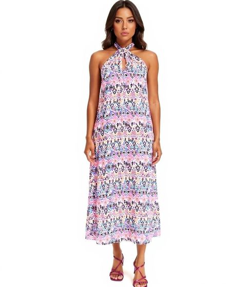 Damen Sommer-Kleid Neckholder-Kleid mit farbenfrohen Allover-Print ärmelloses Maxi-Kleid 968836 Rosa/Orange/Schwarz