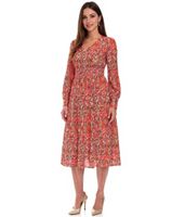 sommerliches Damen Midi-Kleid mit V-Ausschnitt Urlaubs-Kleid mit Allover-Print Sommer-Kleid Frühlings-Kleid 904366 Rosa/Rot/Grün