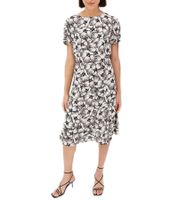 nachhaltiges Damen Midi-Kleid mit Blumen-Muster Sommer-Kleid mit kurzen Ärmeln Frühlings-Kleid 979301 Weiß/Schwarz