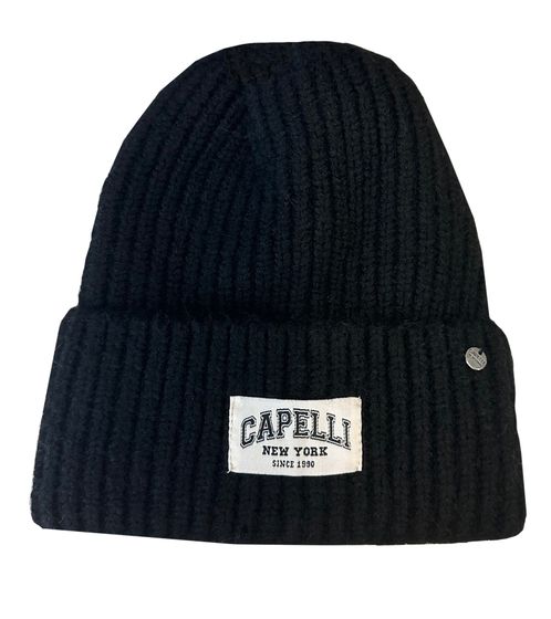 CAPELLI NEW YORK Knitted Beanie, Simple Winter Hat, Cozy Autumn Beanie with Brand Logo Patch, 48671568 Black