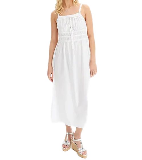 Women's Spring Dress with Small Bow Detail, Cotton Beach Dress, Sleeveless Midi Dress, 915362 White