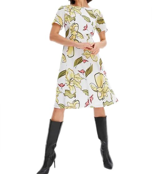 Damen Sommer-Kleid mit Blumen-Print Frühlings-Kleid mit Reißverschluss Kurzarm-Kleid 964446 Weiß/Gelb