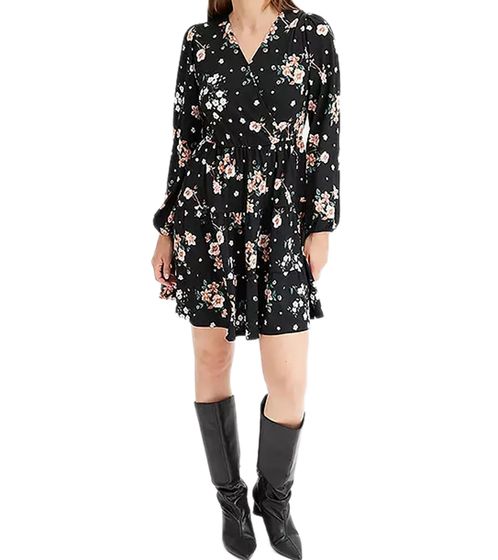 Sustainable women's spring dress, mini dress with floral print, long-sleeved dress with V-neck, summer dress 949752 Black