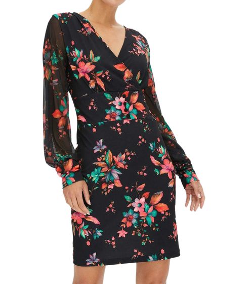 Women's Spring Dress, Mini Dress with Floral Print, Long-Sleeved Dress with V-Neck, Summer Dress 957217 Black