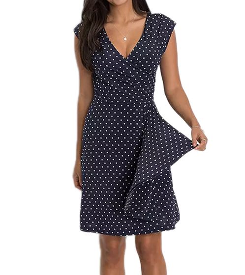 Abito primaverile da donna a pois con scollo a V, abito estivo, abito da festa, mini abito 941051, blu scuro/bianco