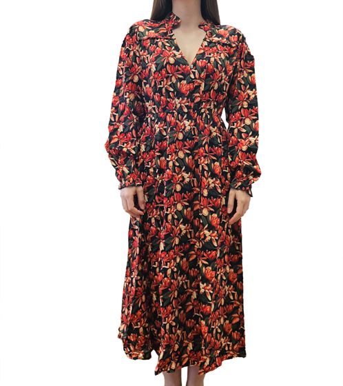 leichtes Damen Frühlings-Kleid mit Blumen-Print Sommer-Kleid Maxi-Kleid 954051 Schwarz/Rot/Orange/Grün