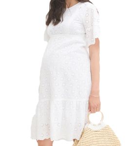 Robe de maternité durable pour femme, robe de printemps avec détail crochet, robe de plage en coton, robe midi 915362 blanc