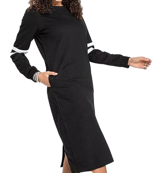 Damen Kleid Pullover-Kleid Langarm-Kleid mit Schlitz und weißen Streifen Sweat-Kleid 904882 Schwarz