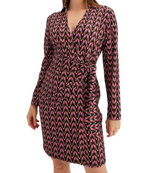 Lightweight women's spring dress with geometric print, ruffles, and a V-neck. Summer dress, midi dress 954051, black/pink/brown/beige