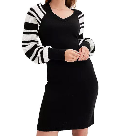 Robe mi-longue en maille pour femme à rayures blanches et col en V, manches longues, 913153 Noir/Blanc