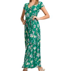 Damen Sommer-Kleid mit Blumen-Print und V-Ausschnitt Urlaubs-Kleid mit Binde-G&uuml;rtel 979268 Gr&uuml;n 