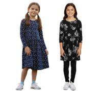 KIDSWORLD Girls' Children's Dress Cotton Dress with Allover Flowers and Star Print Summer Dress Black or Dark Blue