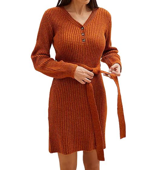 Damen Strick-Kleid stylisches Midi Langarm-Kleid mit Bindegürtel und V-Ausschnitt 913702 Orange