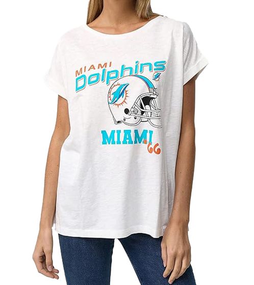 Camiseta RE:COVERED X NFL para mujer con estampado de los Miami Dolphins, algodón, cuello redondo, MMNFL1052, blanca