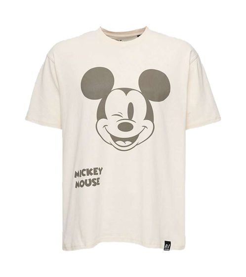 T-shirt homme RE:COVERED X Disney avec grand imprimé Mickey Mouse, en coton, col rond, beige, MMDIS2772