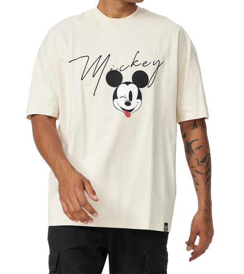 RE:COVERED X Disney Men's T-Shirt with Mickey Mouse Print, Oversized Cotton Shirt, MMDIS2699 Beige