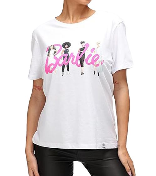 RE:COVERED X Barbie Damen T-Shirt mit Barbie-Print Baumwoll-Shirt Rundhals RCBAR207 Weiß