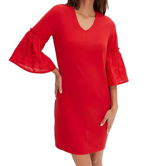 Elegant women's summer dress with crochet details and puff sleeves, round neck, 906456 Red