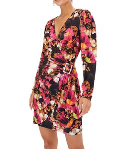 Robe de printemps légère pour femme à imprimé floral. Robe d'été à col en V et ceinture à nouer. Mini-robe 939681 Noir/Rose/Jaune/Blanc/Orange