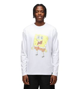 RE:COVERED X Nickelodeon Men's Long-Sleeved Shirt with SpongeBob SquarePants Design, Cotton Pullover, Crew Neck, MMVCM272 White