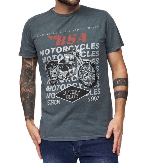 RE:COVERED X BSA Herren T-Shirt mit Motorrad-Print Baumwoll-Shirt Rundhals-Shirt MMBSA306 Grau