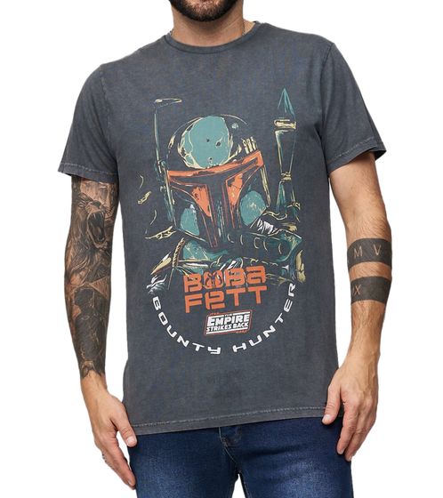 RE:COVERED X STAR WARS Herren T-Shirt mit großem Boba Fett Print Alltags-Shirt Baumwoll-Shirt Kurzarm-Shirt MMSTW2380 Grau