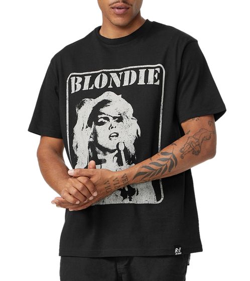 RE:COVERED X BLONDIE Herren T-Shirt mit Herz aus Glas Gesicht Print Alltags-Shirt Baumwoll-Shirt Kurzarm-Shirt MMESY125 Schwarz