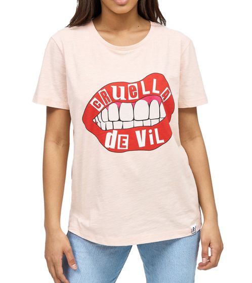 RE:COVERED X Disney Damen T-Shirt mit Cruella Devil Lips Aufdruck Baumwoll-Shirt Rundhals-Shirt MMDIS2596 Rosa