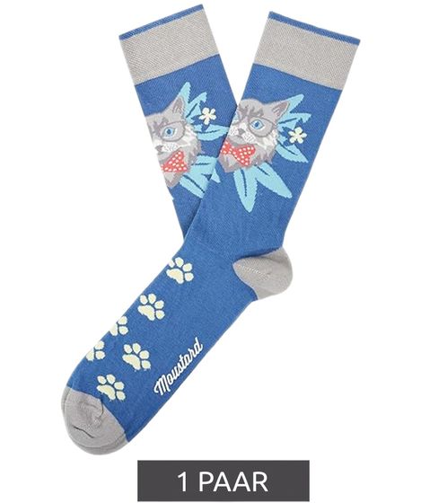 1 Paar Moustard Cats Baumwoll-Socken mit Katzen-Print und Blumen-Muster gemusterte lange Strümpfe 22S-CAT Blau/Grün/Grau