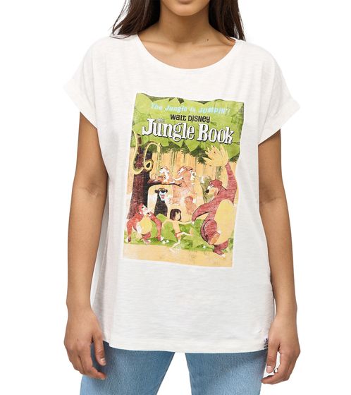 RE:COVERED X Disney The Jungle Book Damen Baumwoll-Shirt mit Dschungelbuch Vintage Poster-Print T-Shirt Rundhals-Shirt MMDIS2594 Creme-Weiß