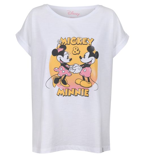 RE:COVERED X Disney Damen T-Shirt mit Mickey & Minnie Design Baumwoll-Shirt Rundhals-Shirt RCDIF2064 Weiß