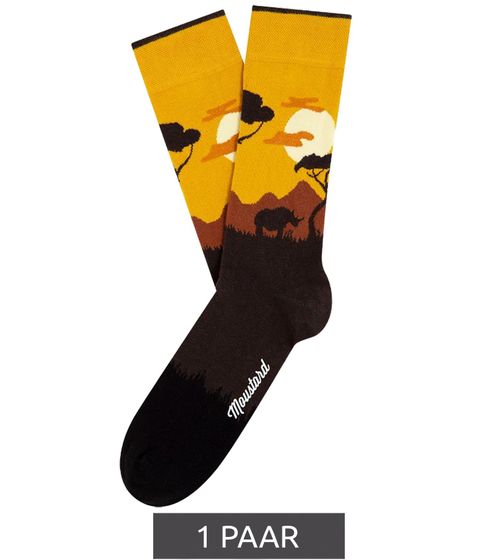 1 Paar Moustard Savanna Baumwoll-Socken mit Savannen Allover-Print gemusterte lange Strümpfe 19S-GIR Orange/Braun/Schwarz