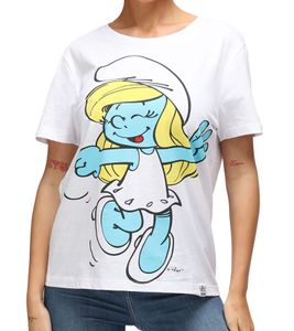 RE:COVERED X Schlümpfe Damen T-Shirt mit Schlumpfine Print Baumwoll-Shirt Rundhals-Shirt RCSMF118 Weiß