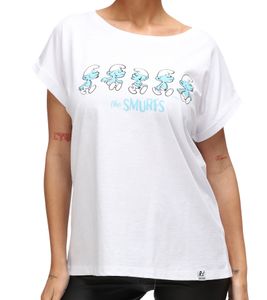 RE:COVERED X Schlümpfe Damen T-Shirt mit Schlumpf Print Baumwoll-Shirt Boyfriend-Cut Rundhals-Shirt RCSMF116 Weiß