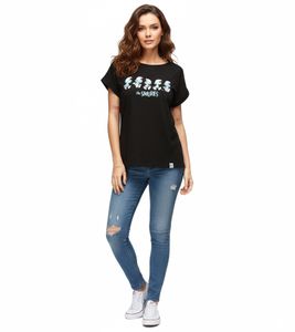 RE:COVERED X Schlümpfe Damen T-Shirt mit Schlumpf Print Baumwoll-Shirt Boyfriend-Cut Rundhals-Shirt RCSMF117 Schwarz